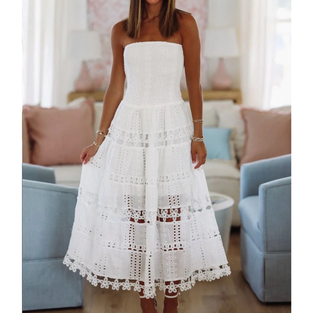 White Strapless Midi Lace Dress - Bridal Shower